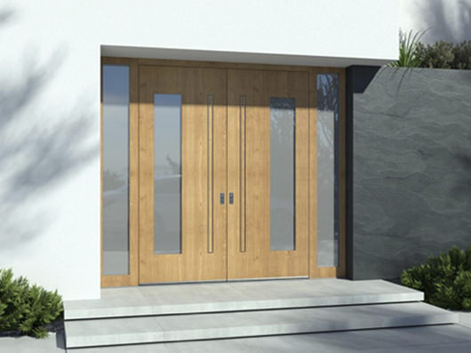 Wooden entrance doors on a grey facade